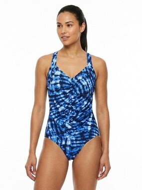 Fit 4 U Blue Tie Dye One Piece Swimsuit Tummy Control Size 10